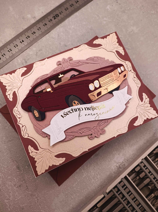 Narozeninové přání s autem - starorůžové