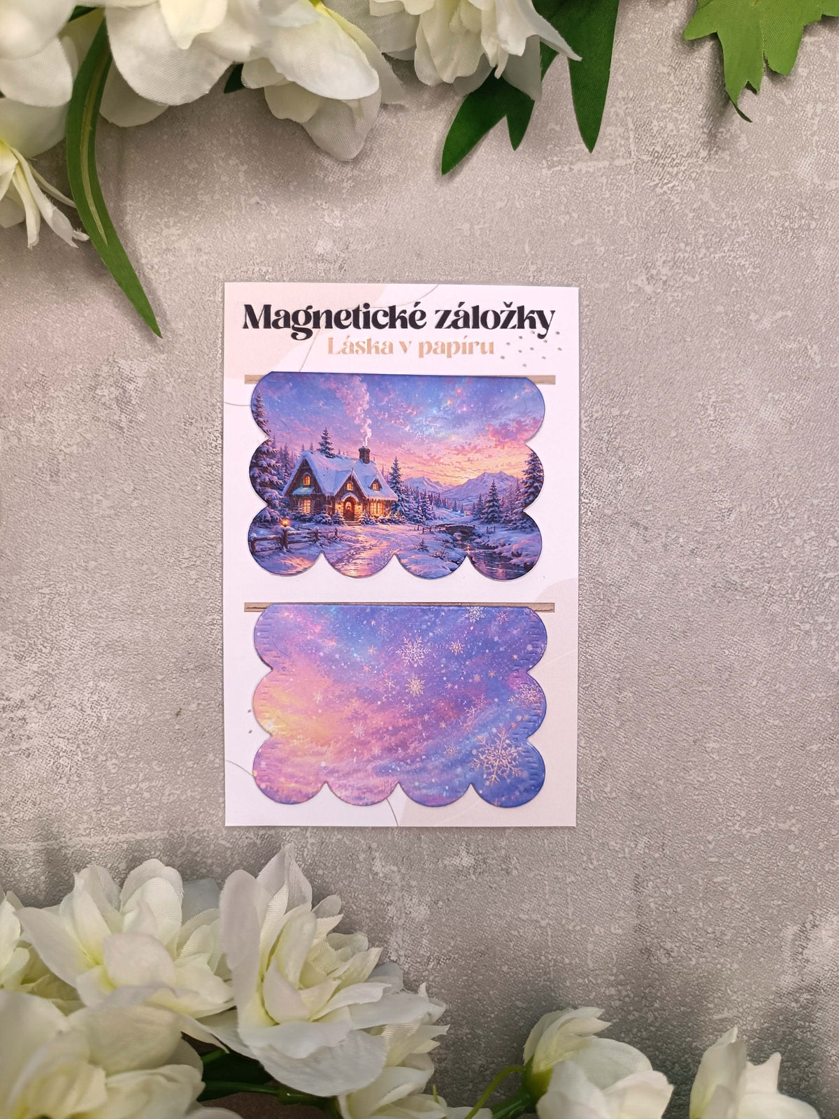 Magnetické záložky do knih se zimní chaloupkou