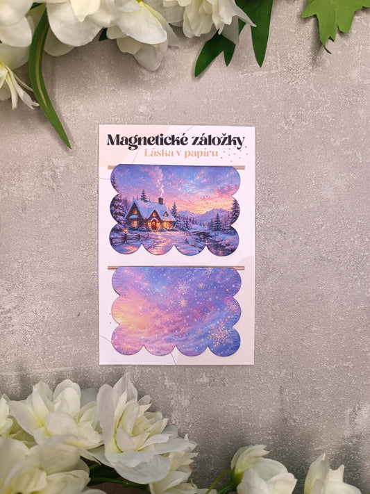 Magnetické záložky do knih se zimní chaloupkou