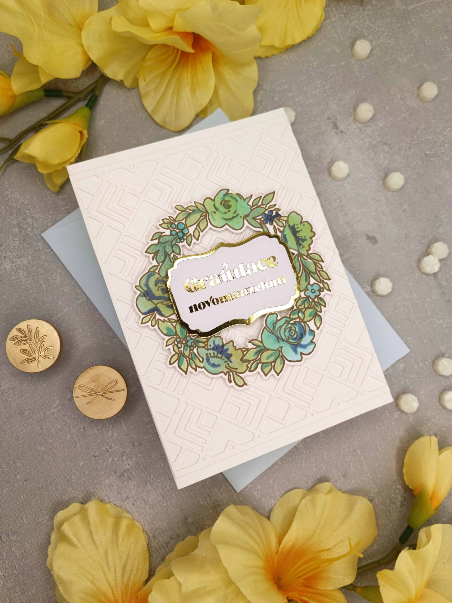 Svatební přání se zeleným věncem