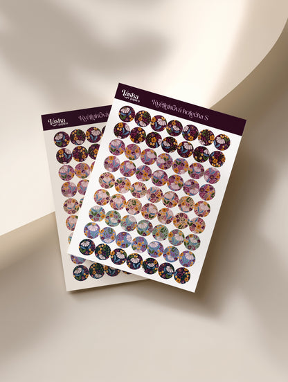 Papírový samolepkový arch 13×18 cm s ručně kreslenými květinovými kolečky v duhových odstínech na zdobení diářů a plánovačů