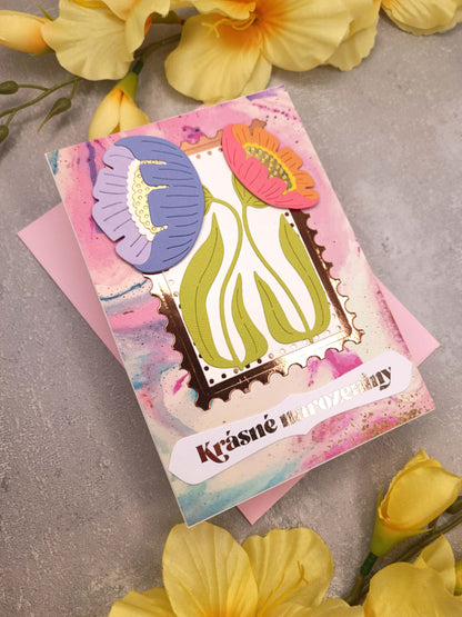 Pestrobarevné růžové narozeninové přání se sasankami