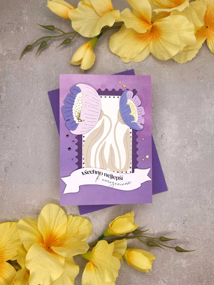 Fialové narozeninové přání se sasankami