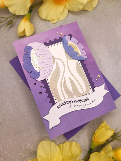 Fialové narozeninové přání se sasankami