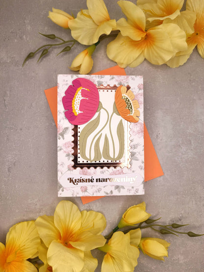 Květinové narozeninové přání se sasankami a oranžovou obálkou