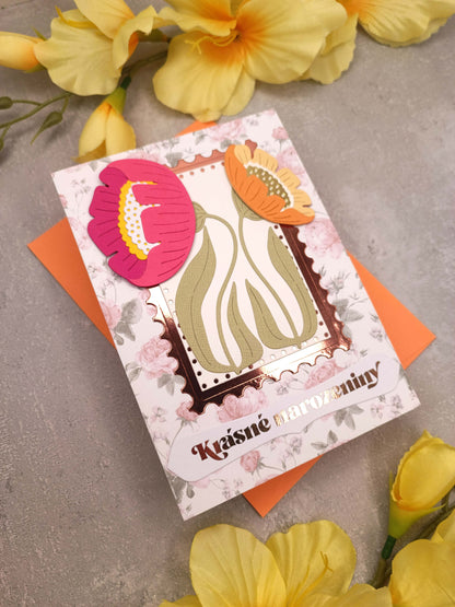 Květinové narozeninové přání se sasankami a oranžovou obálkou