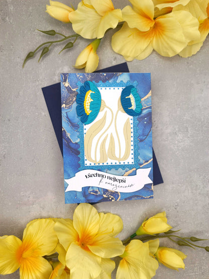 Modré narozeninové přání se sasankami