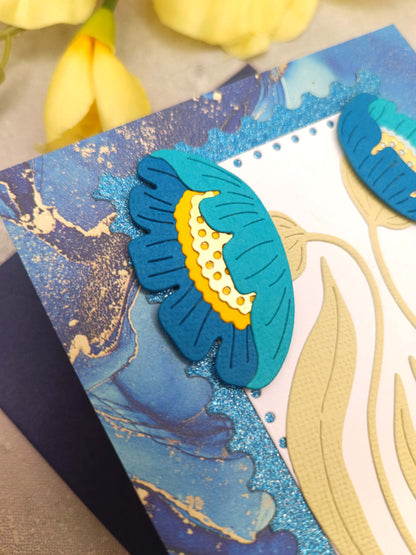 Modré narozeninové přání se sasankami