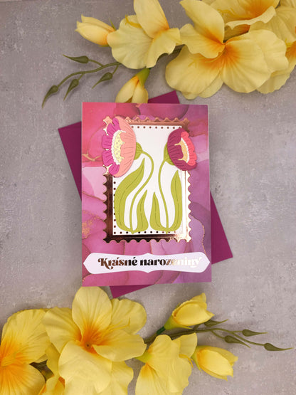 Fialovo-růžové přání se sasankami