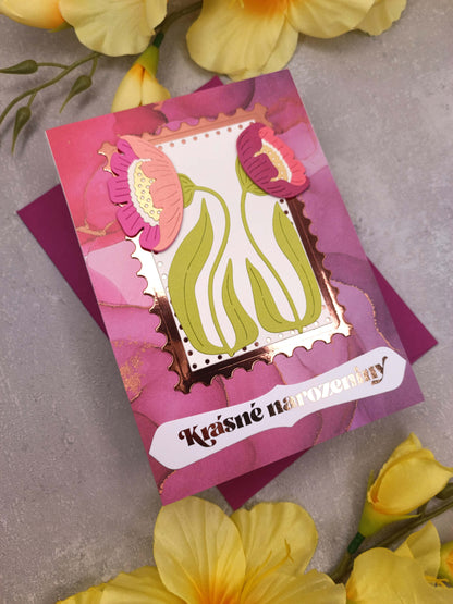 Fialovo-růžové přání se sasankami