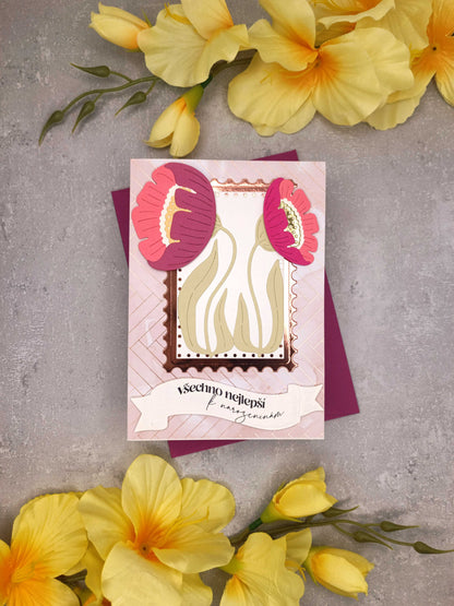 Světle růžové přání se sasankami a malinovou obálkou