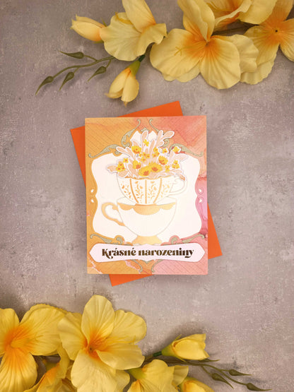 Oranžové narozeninové přání s hrníčky