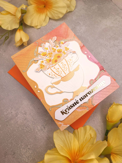 Oranžové narozeninové přání s hrníčky