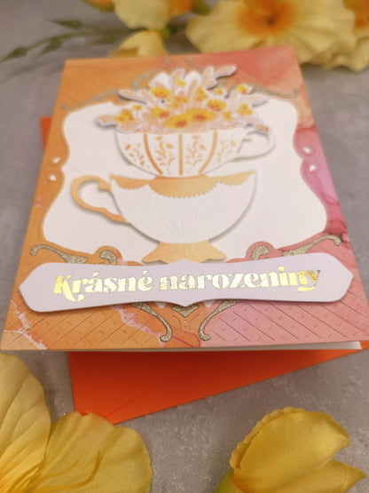 Oranžové narozeninové přání s hrníčky