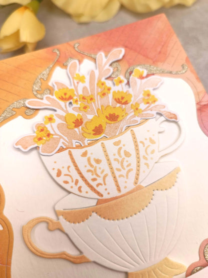 Oranžové narozeninové přání s hrníčky