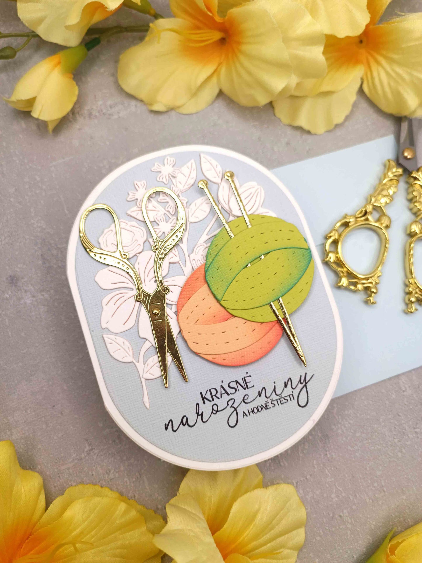 Modré narozeninové přání pro milovnici pletení