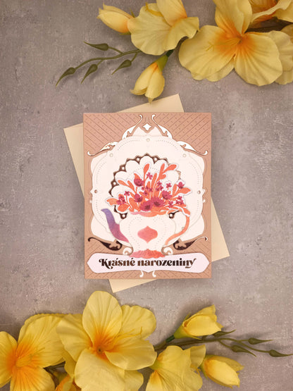 Narozeninové přání s konvičkou a talířkem