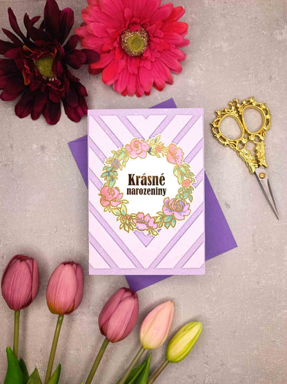 Levandulové narozeninové přání s květinovým věnečkem