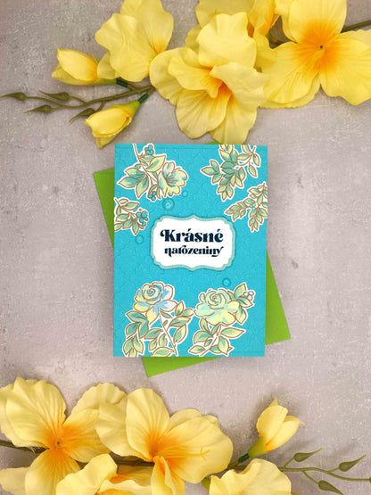 Tyrkysové narozeninové přání s květinami a metalickým nápisem