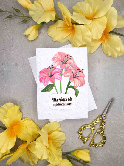 Elegantní narozeninové přání s růžovými liliemi