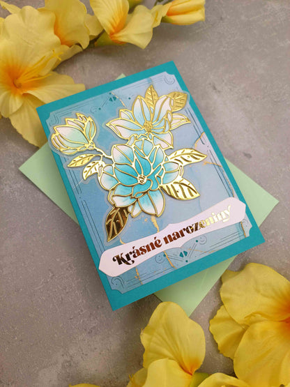 Narozeninové přání s tyrkysovými magnoliemi