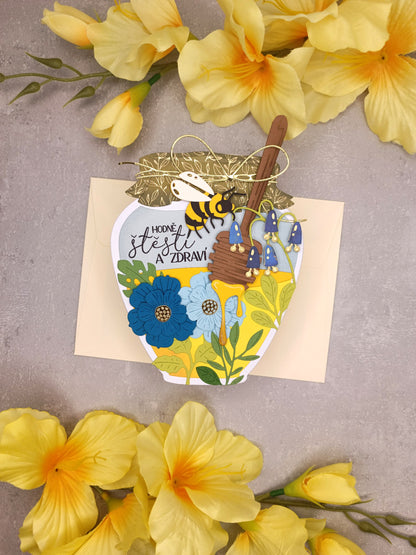 Narozeninové přání s včelkou ve sklenici medu modro-zelené