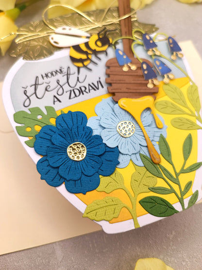 Narozeninové přání s včelkou ve sklenici medu modro-zelené