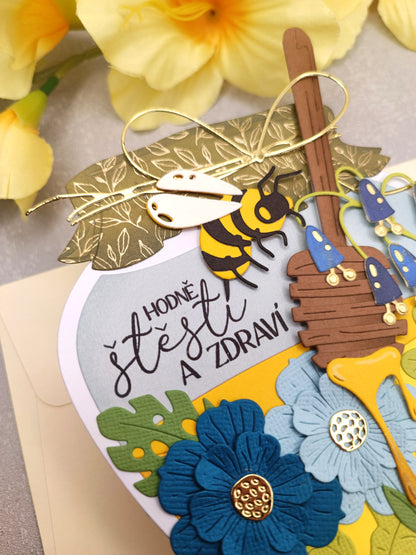 Narozeninové přání s včelkou ve sklenici medu modro-zelené