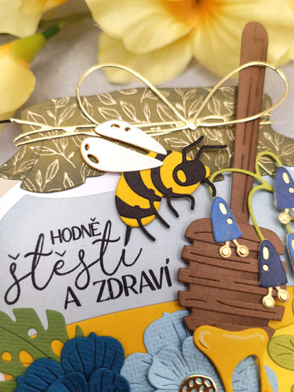 Narozeninové přání s včelkou ve sklenici medu modro-zelené