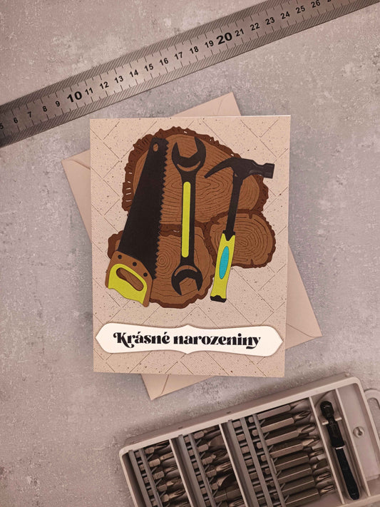 Narozeninové přání pro muže kutila - béžovo-hnědé