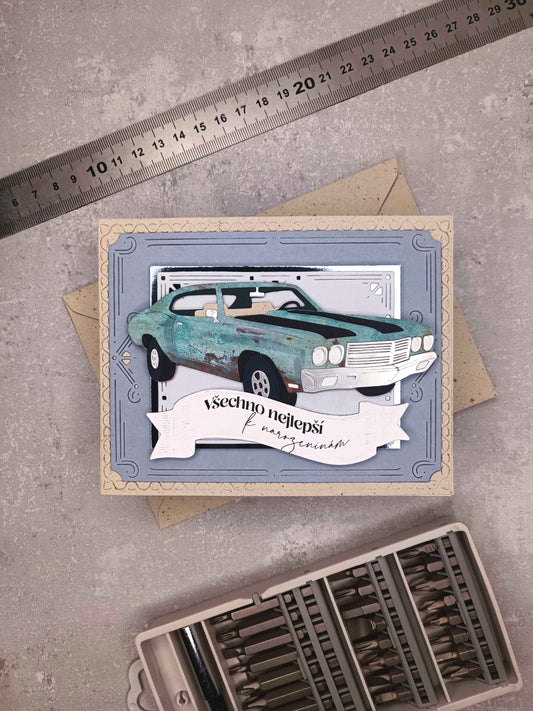 Narozeninové přání s autem - modrošedé