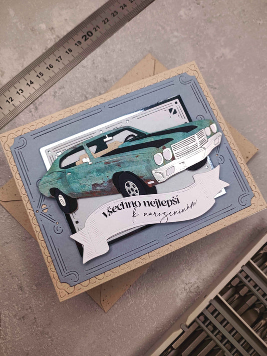 Narozeninové přání s autem - modrošedé