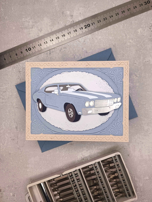 Narozeninové přání s autem - modrošedé