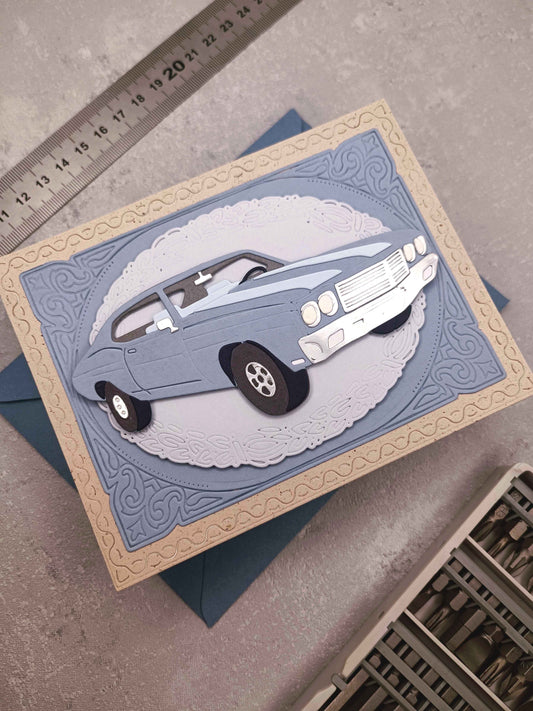 Narozeninové přání s autem - modrošedé