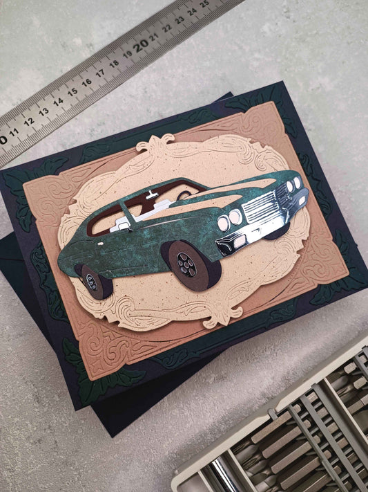 Narozeninové přání s autem - hnědo-zelené