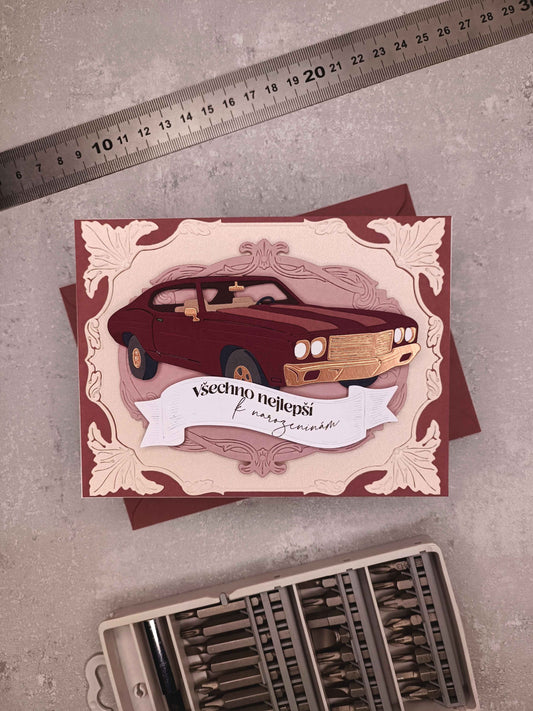 Narozeninové přání s autem - starorůžové