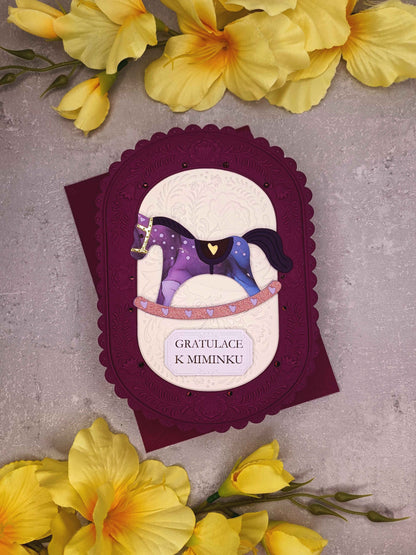 Přání k narození miminka s houpacím koníkem