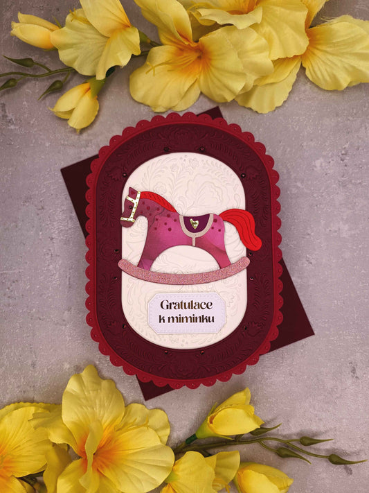 Přání k narození miminka s houpacím koníkem