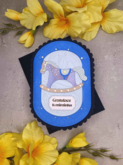 Přání k narození miminka s houpacím koníkem