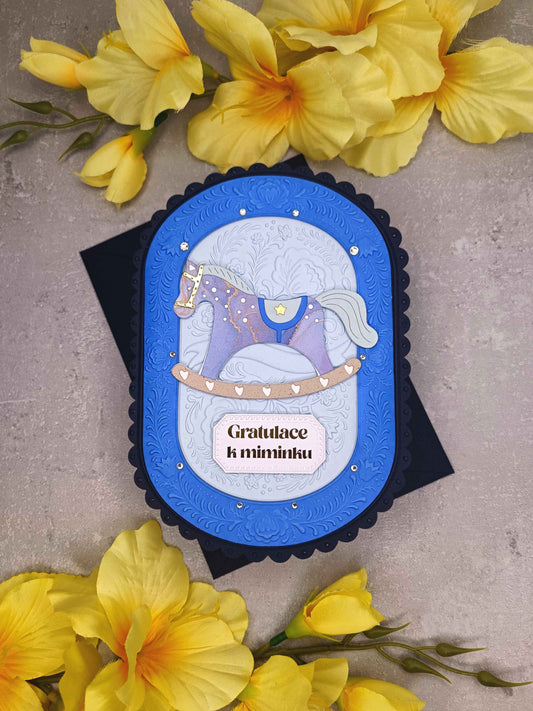 Přání k narození miminka s houpacím koníkem