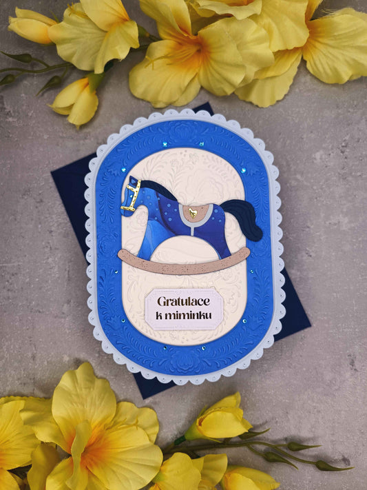 Přání k narození miminka s houpacím koníkem