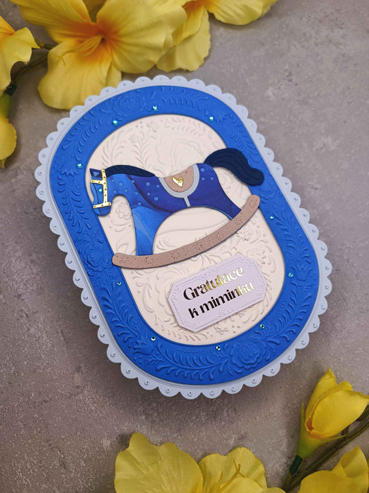 Přání k narození miminka s houpacím koníkem