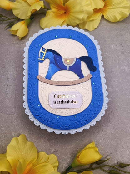 Přání k narození miminka s houpacím koníkem