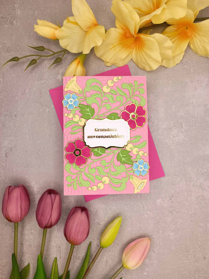 Růžové svatební přání s květinami