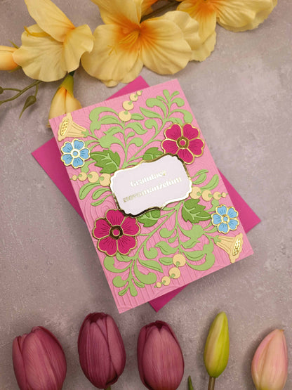 Růžové svatební přání s květinami