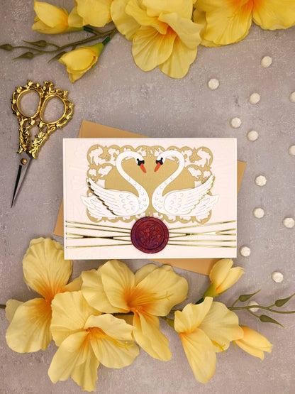 Třpytivé svatební přání s labutěmi