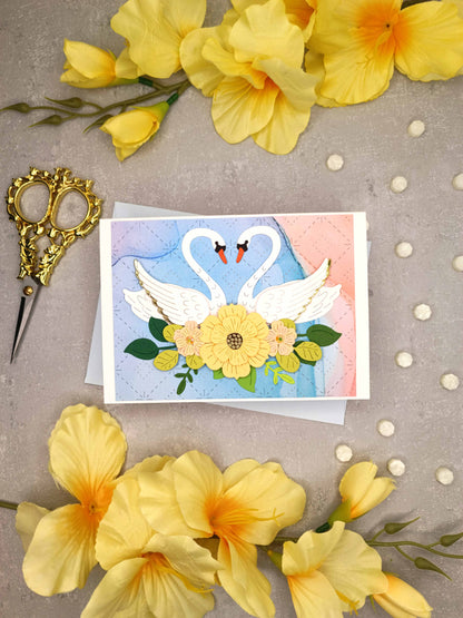 Modro-oranžové svatební přání s labutěmi