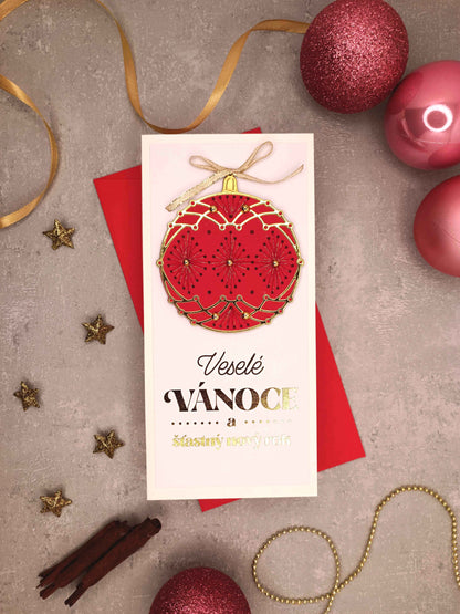 Vánoční přání s vyšívanou baňkou